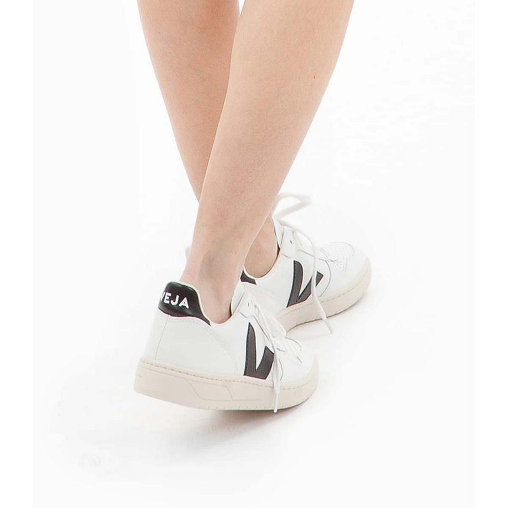 Women's Veja V-10 LEATHER Sneakers White/Black | ZA 663MQZ